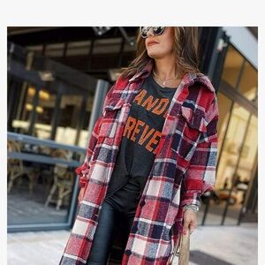 Omoone plaid shacket. Pockets Red, cream, and Navy plaid.